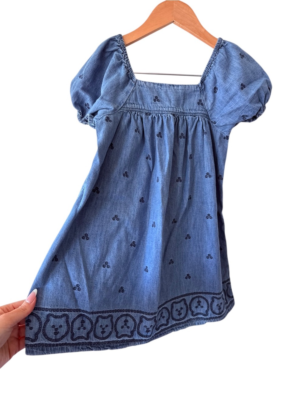 GAP Blue Denim Puff Sleeve Kids Dress with Embroidered Border